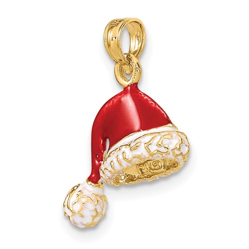 14k Yellow Gold 3-D Santa Hat Charm With Red and White Enamel