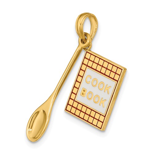 14k Yellow Gold 3-D Cook Book and Spoon Charm with Enamel