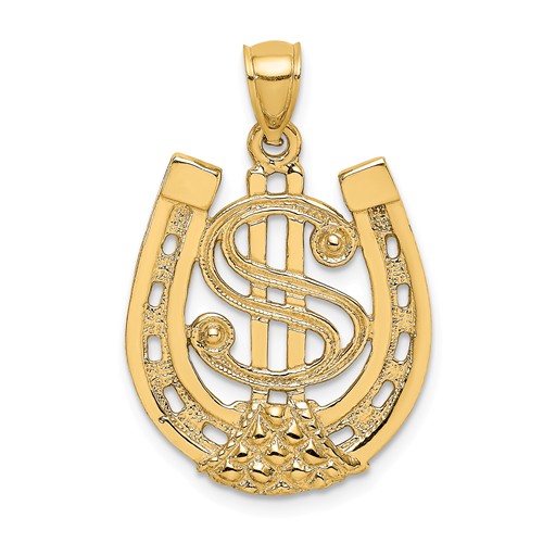 14k Yellow Gold Dollar Sign and Horseshoe Pendant 3/4in