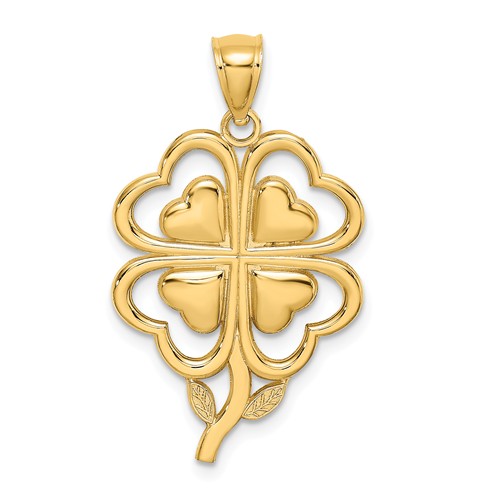 14k Yellow Gold Four Leaf Clover Hearts Pendant 1in