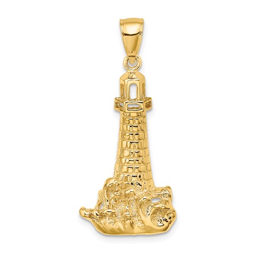 14k Yellow Gold Lighthouse and Waves Pendant