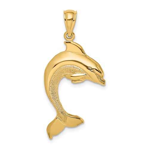 14k Yellow Gold Jumping Dolphin Pendant with Textured Belly 7/8in