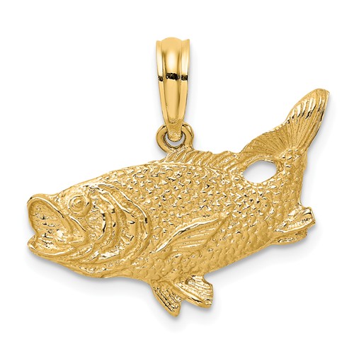 14k Yellow Gold Bass Fish Pendant with Open Mouth and Tail Up