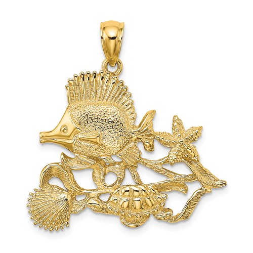 14k Yellow Gold Butterfly Fish Turtle Shell and Starfish Story Pendant