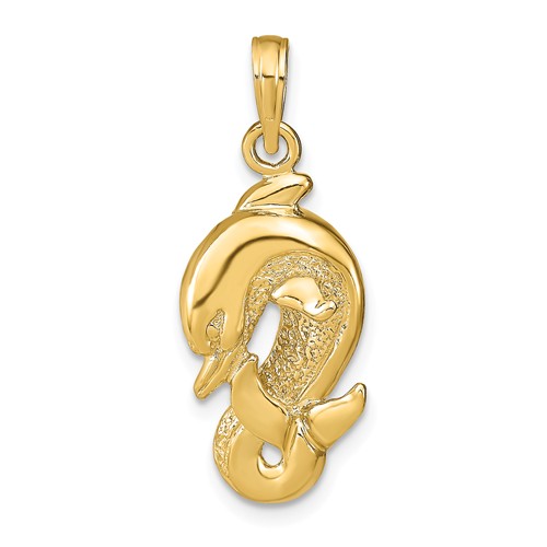 14k Yellow Gold Dolphin Pendant with Curled Tail 3/4in