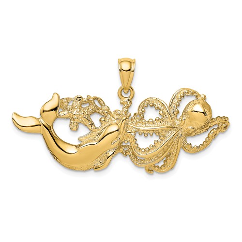 14k Yellow Gold Dolphin and Octopus Pendant