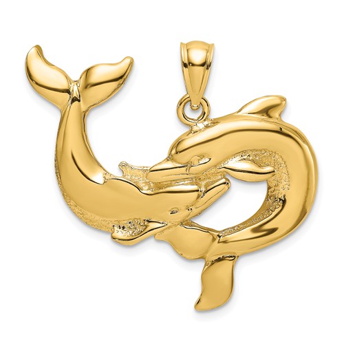 14k Yellow Gold Embracing Dolphins Pendant 1in