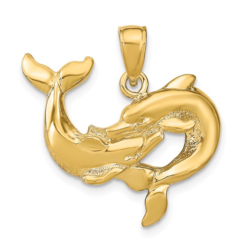 14k Yellow Gold Embracing Dolphins Pendant 3/4in