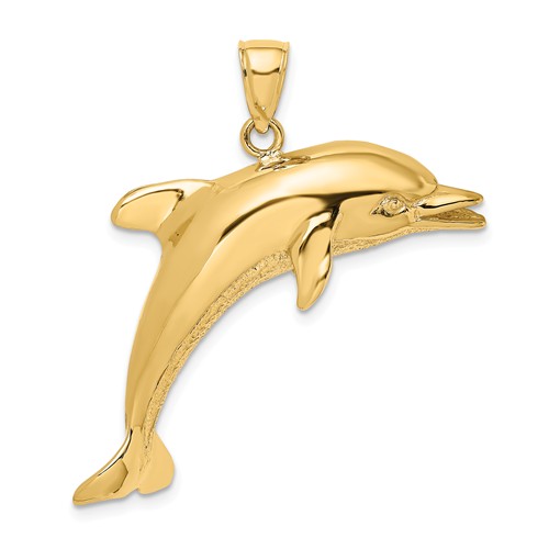 14k Yellow Gold Jumping Dolphin Pendant with Open Mouth 1in