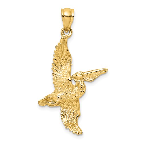 14k Yellow Gold 3-D Flying Pelican Pendant 1in