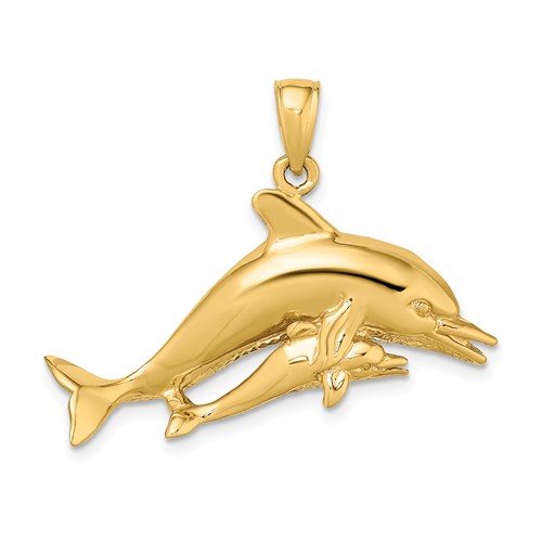 14k Yellow Gold  Mother and Baby Swimming Dolphins Pendant