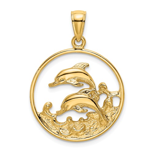 14k Yellow Gold Dolphins with Waves Pendant in Round Frame 3/4in