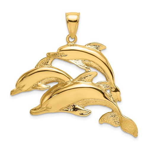 14k Yellow Gold Three Jumping Dolphins Pendant 1in