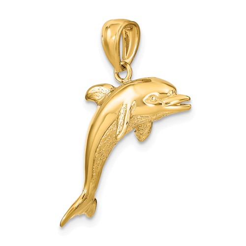 14k Yellow Gold 3-D Polished and Textured Dolphin Pendant 3/4in