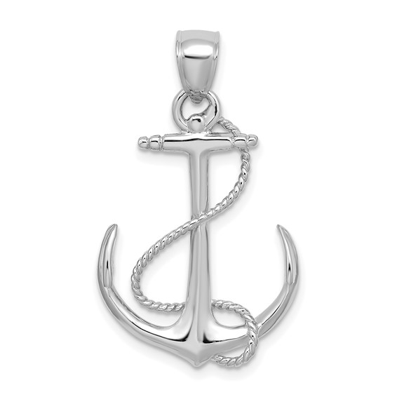 14k White Gold Anchor Pendant with Rope and Curved Arms 1in