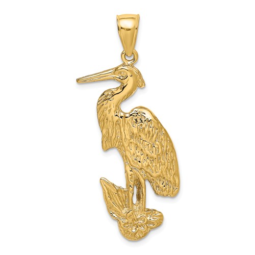 14k Yellow Gold Standing Egret Pendant 1.25in
