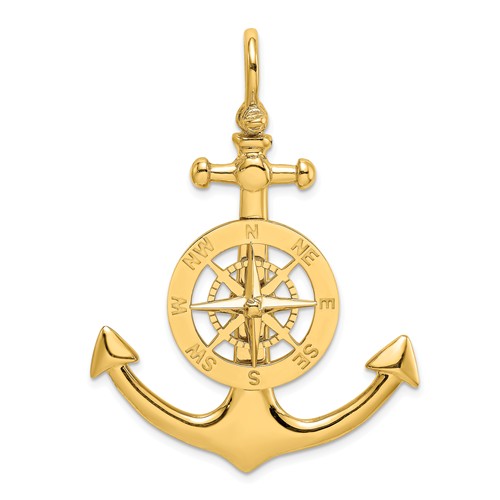 14k Yellow Gold Anchor With Nautical Compass Pendant 1.5in