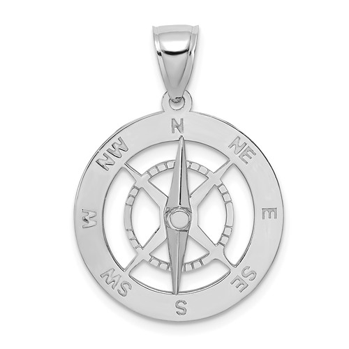 14k White Gold Nautical Compass Pendant with Moving Needle 3/4in