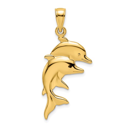 14k Yellow Gold Flat Pair of Dolphins Pendant 1in