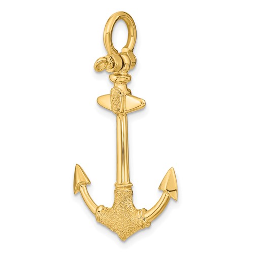 14k Yellow Gold 3-D Texture Anchor Pendant with Shackle Bail 1in