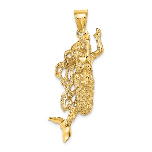 14k Yellow Gold 3-D Mermaid Pendant 1.5in
