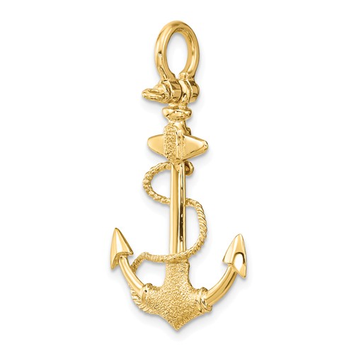 14k Yellow Gold 3-D Fouled Anchor With Shackle Bail Pendant 1 5/8in