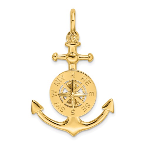 14k Yellow Gold Anchor With Nautical Compass Pendant 1in