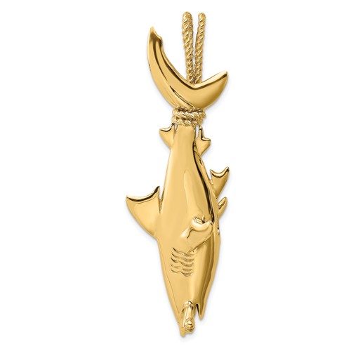 14k Yellow Gold 3-D Hammerhead Shark Pendant With Rope Bail 2in
