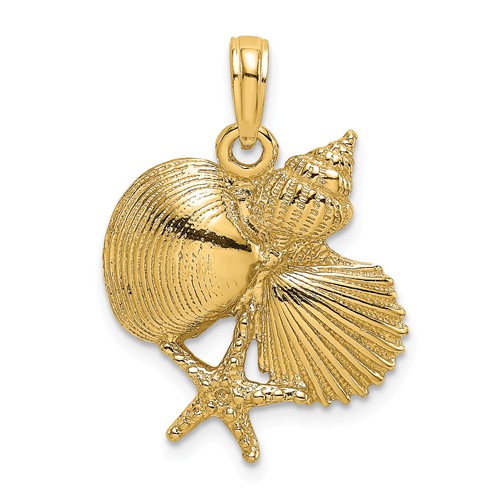 14k Yellow Gold Clam Conch Scallop Starfish Cluster Pendant 3/4in
