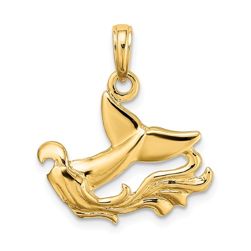 14k Yellow Gold Small Whale Tail With Waves Pendant