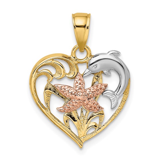 14k Two-tone Gold with Rhodium Dolphin and Starfish Heart Pendant