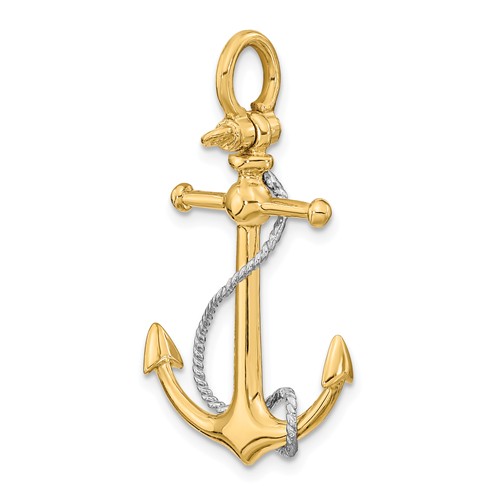 14k Twotone Gold 3D Fouled Anchor Pendant With Shackle Bail 1 5/8in K9025