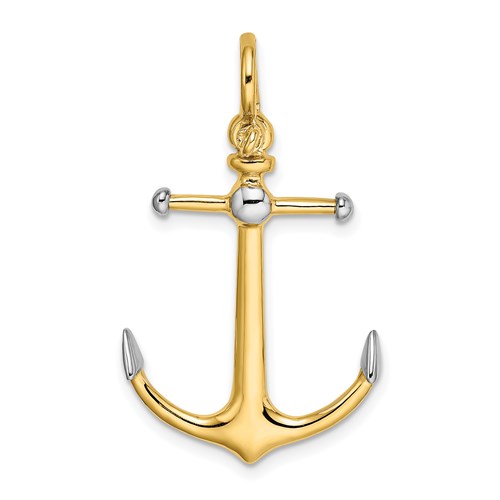 14k Yellow Gold Rhodium 3-D Anchor Pendant Long Stock Shackle Bail 1in