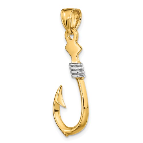 14k Yellow Gold 3D Fish Hook Pendant with Rhodium 1in K9032