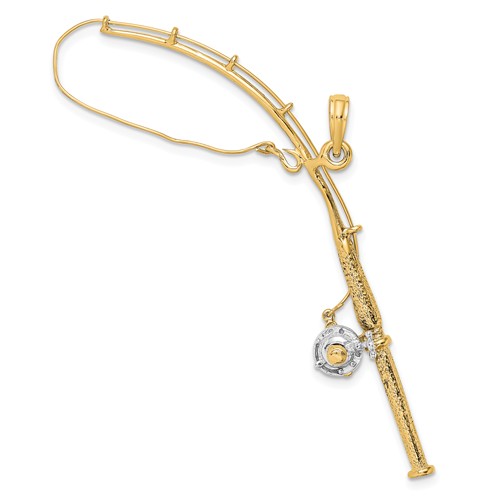 14k Yellow Gold Moveable Fishing Pole Pendant With Reel
