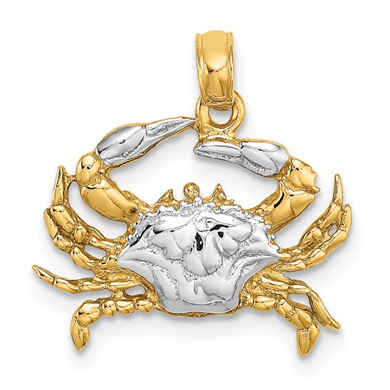 14k Yellow Gold and Rhodium Blue Crab Pendant 5/8in
