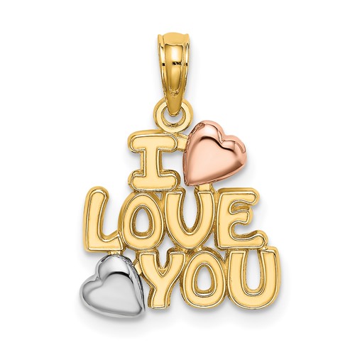 14k Two-tone Gold White Rhodium I LOVE YOU with Hearts Charm 1/2in