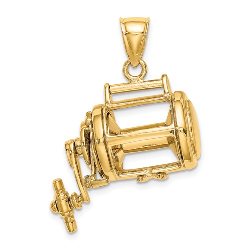 14k Yellow Gold 3-D and Moveable Fishing Reel Pendant 1in