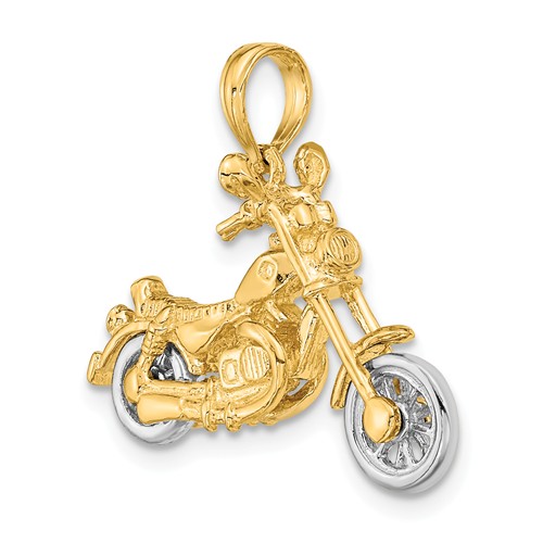 14k Yellow Gold Rhodium-Plated 3-D Moveable Chopper Motorcycle Pendant