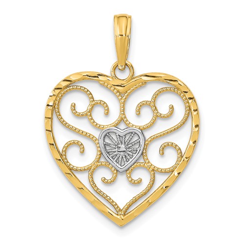 14k Yellow Gold Rhodium-Plated Filigree Beaded Heart Pendant 3/4in