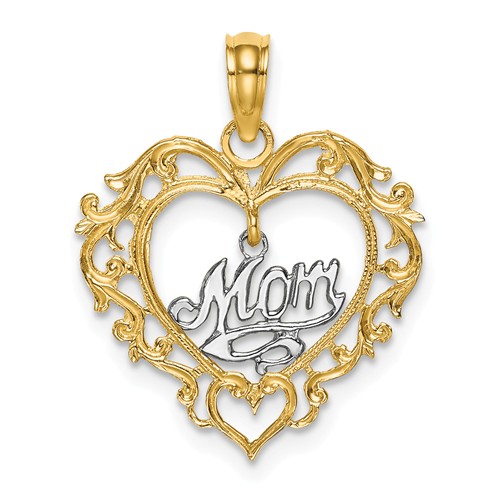 14k Yellow Gold Rhodium-Plated Small Mom Inside Heart Charm