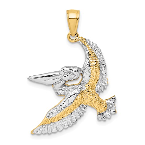 14k Yellow Gold and Rhodium Flying Pelican Pendant 1in