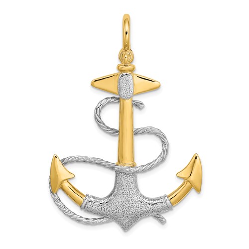 14k Yellow Gold and Rhodium 3-D Textured Fouled Anchor Pendant 1.5in