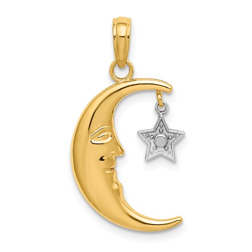 14k Yellow Gold and Rhodium Crescent Moon with Star Pendant 3/4in