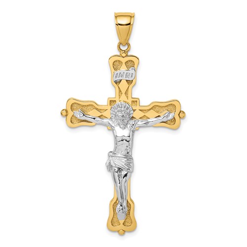 14k Two-Tone Gold INRI Crucifix Pendant with Budded Tips 1.5in