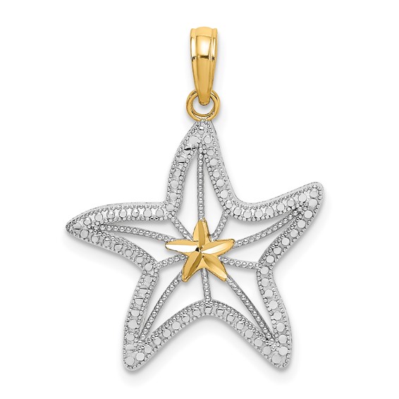 14k Yellow Gold with Rhodium Cut-out Starfish Pendant  With Diamond-cut Texture 3/4in 
