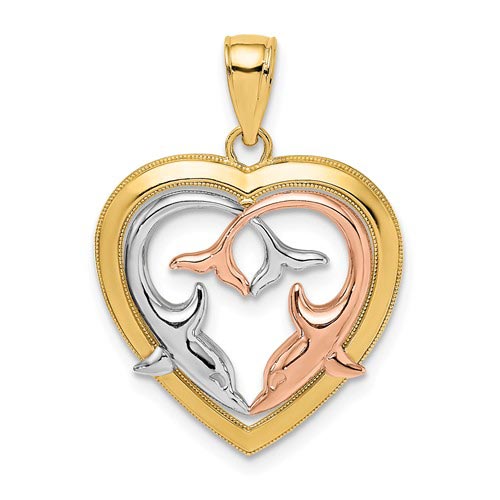 14kt Tri-Tone Gold 3/4in Dolphin Heart Pendant