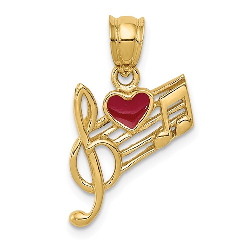 14k Yellow Gold Clef and Music Notes Pendant with Red Heart
