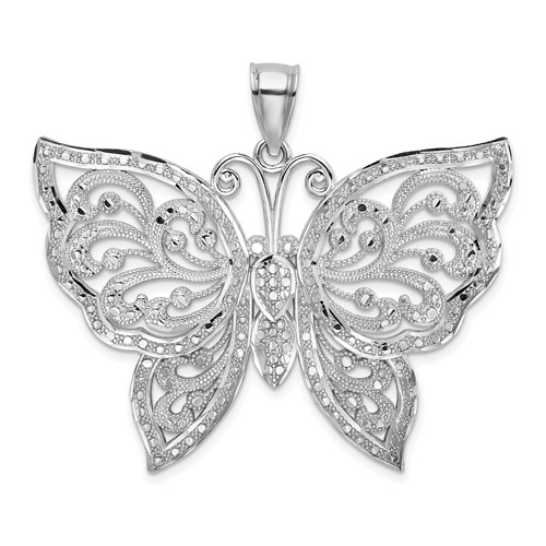14k White Gold Diamond-cut Beaded Butterfly Pendant 1.25in