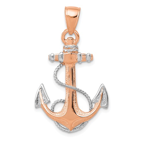 14k Rose Gold Fouled Anchor Pendant with Rhodium 1in
